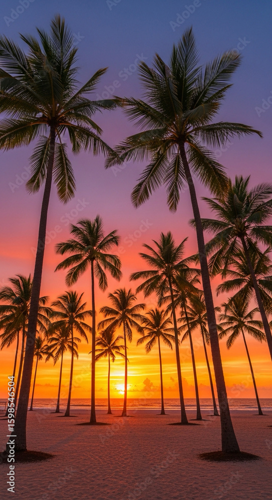 Obraz premium Palm trees swaying with sunset in background