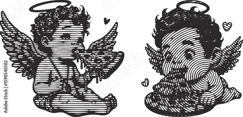  Monochrome Lined Engraving Vector of Cute Little Angel Baby Cupid Eating Pizza – Retro Vintage Style Illustration Bundle for Canvas Template, Print, Stamp, and Decorative Art Projects