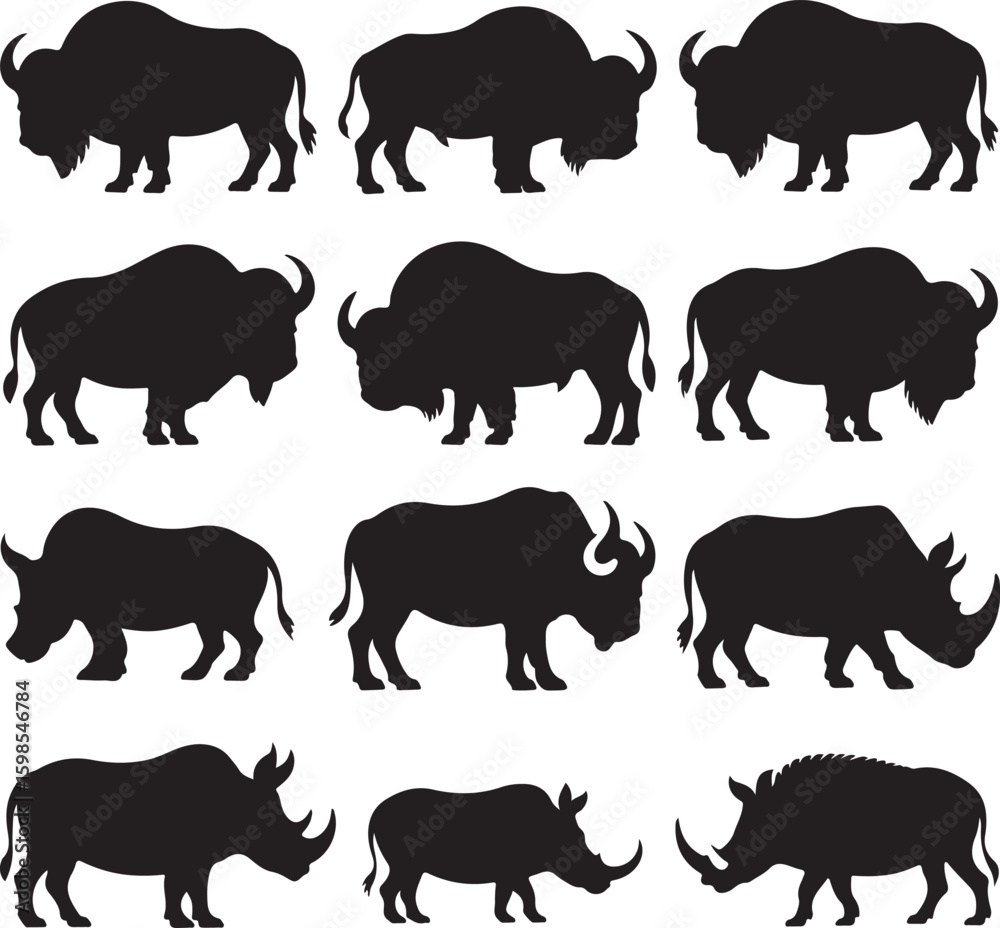 Fototapeta premium Set of Bison Buffalo Silhouette Vector Illustrations. Black Bison Buffalo icon bundle