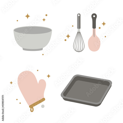 Illustration of a baking bowl whisk spatula oven tray and oven mitt