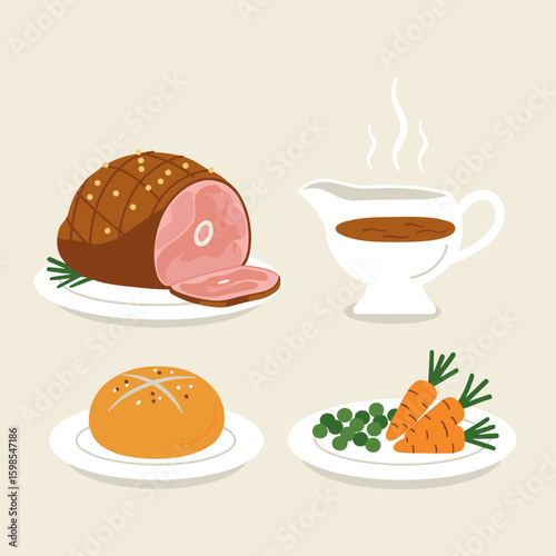 Illustration of a holiday meal with ham gravy roll carrots and peas