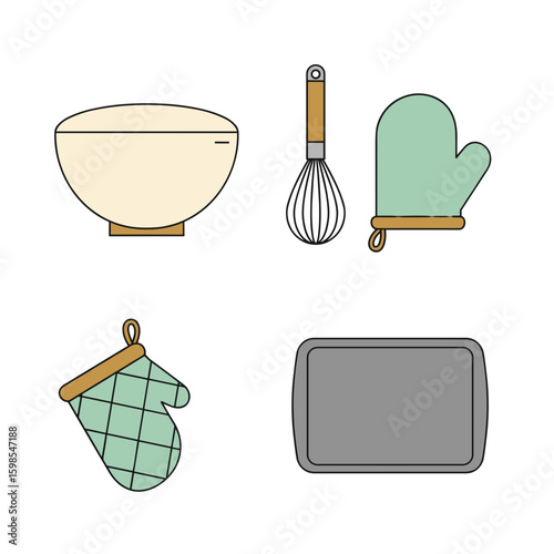 Illustration of baking bowl whisk oven mitts and baking sheet on white