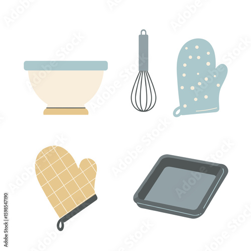 Illustration of baking utensils including bowl whisk oven mitt and pan