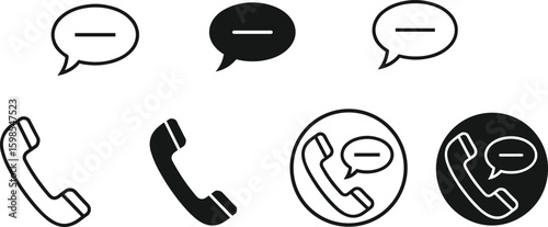 Communication icon set with speech bubbles and phone receivers, customer service visuals, chat symbols, contact interface elements, telecommunication vector graphics, business tools