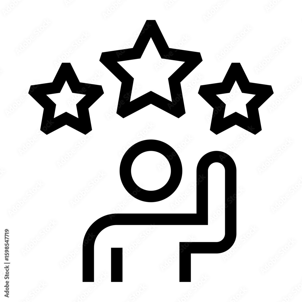 Icono de opinión del cliente. Valoración y satisfacción del usuario. Persona levantando la mano con estrellas. Ilustración vectorial
