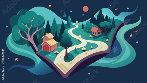 A map of a mystical forest with winding paths and hidden dwellings painted in dreamy hues within the pages of a magical journal.. Vector illustration