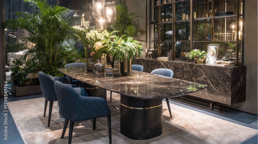 Fototapeta premium Dark granite dining table with luxurious blue chairs.