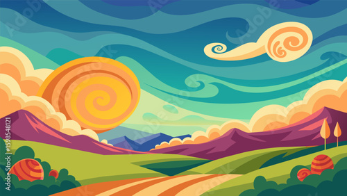A dreamlike landscape of rolling hills and vibrant swirling clouds evoking a sense of hope and renewal.. Vector illustration