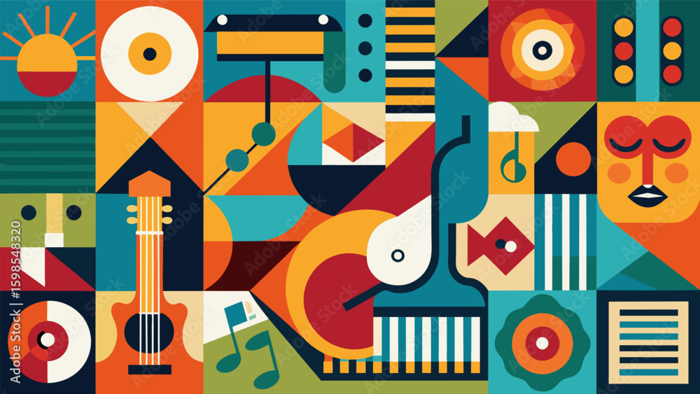 A collage of different musical genres and styles intricately woven together in a mosaic of color and texture a representation of the artists eclectic. Vector illustration A collage of different musical genres and styles intricately woven together in a mosaic of color and texture a representation of the artists eclectic. Vector illustration