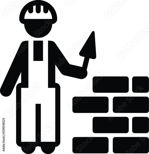 Construction worker icon with hard hat and trowel beside brick wall, symbolizing building and masonry work