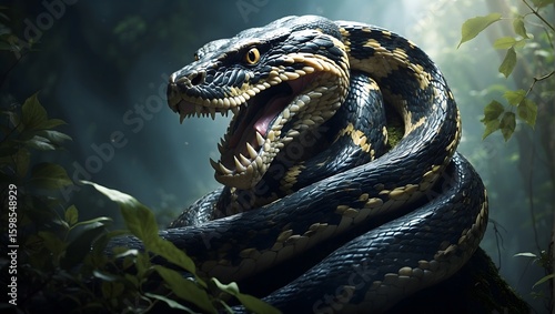 Coiled Black and Yellow Snake in Natural Forest Habitat