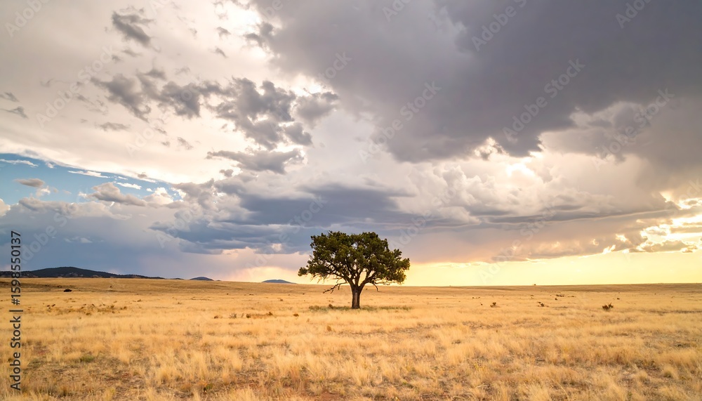 Obraz premium Solitary tree in vast golden plains under dramatic sky
