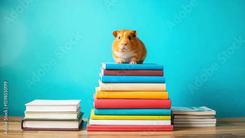 Cute guinea pig sitting on stack of books or textbooks on a turquoise background, education and learning concept