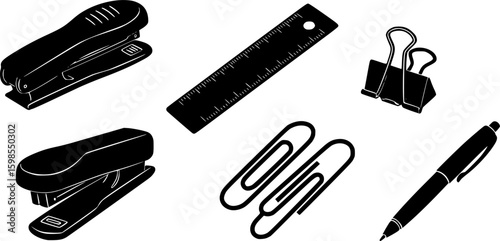 Set of black silhouette icons representing common office supplies, including stapler, paperclip, ruler, binder clip, and pen.