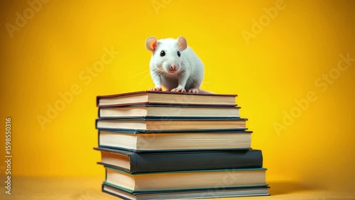 White rat sitting on a stack of books and textbooks on a yellow background, education and learning concept
