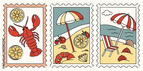 Abstract background with floral and autumn elements, featuring a collection of aged, postage, and canceled retro postal stamps