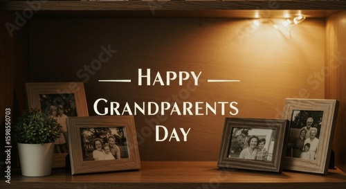 Happy Grandparents Day message with family photos in wooden frames, shelf and decorative plant.