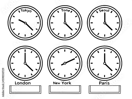 A collection of twelve time zone clocks, each labeled with a major world city name underneath. Each clock is a clean black outline with hands at different positions representing local times. The style