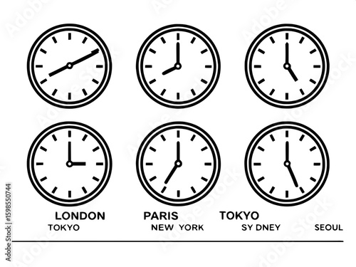 A collection of twelve time zone clocks, each labeled with a major world city name underneath. Each clock is a clean black outline with hands at different positions representing local times. The style