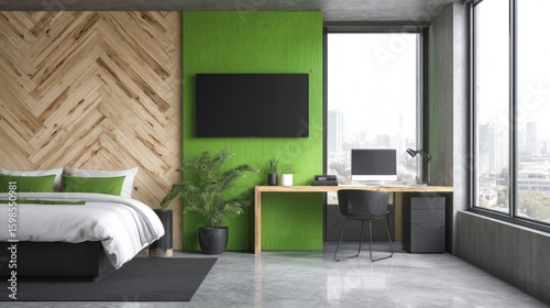Modern bedroom with lime green accent wall and chevron wood paneling.