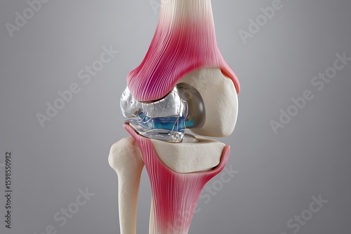Knee joint replacement illustration showcases a prosthetic implant with bone and muscle structure.