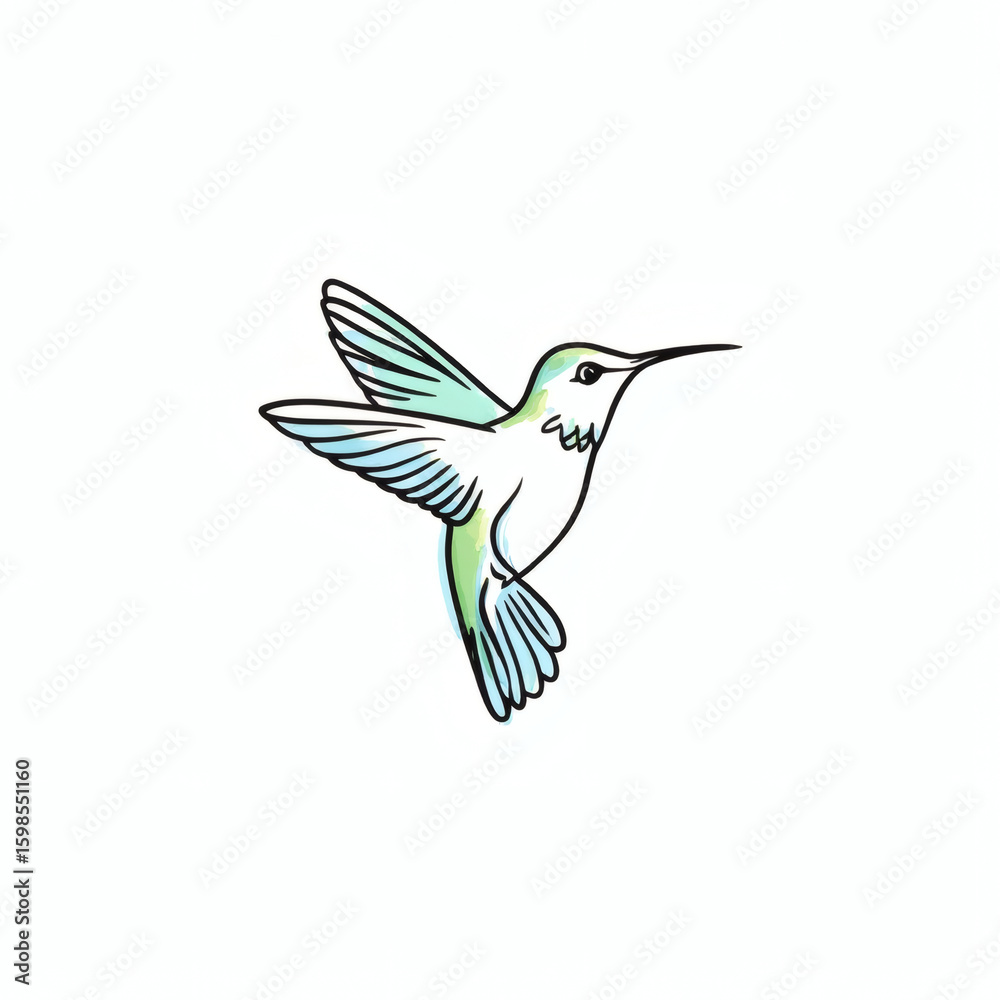 Fototapeta premium A graceful hummingbird in flight with soft mint green and soft blue watercolor tones. 