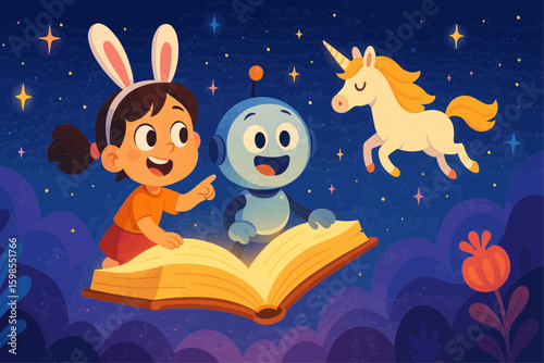Joyful girl with bunny ears and smiling robot fly on glowing storybook next to a white unicorn under magical stars