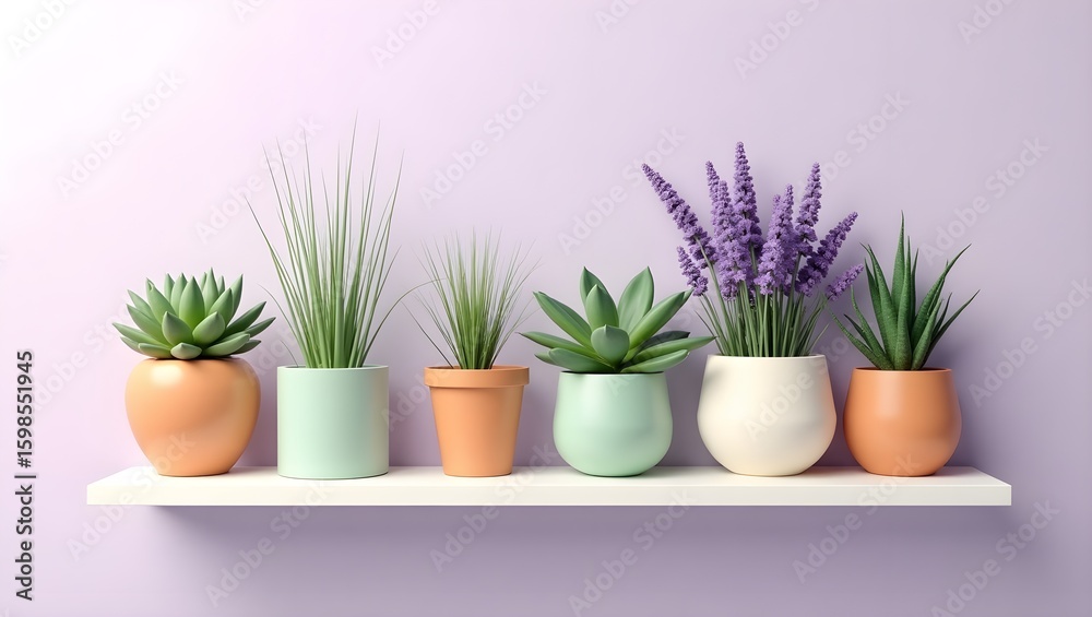 Obraz premium A charming, meticulously arranged collection of potted plants displayed on a sleek, pristine white floating shelf