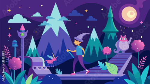 A fairytale world with enchanted forests and magical creatures the runner feeling like they are in their own storybook adventure on the treadmill.. Vector illustration