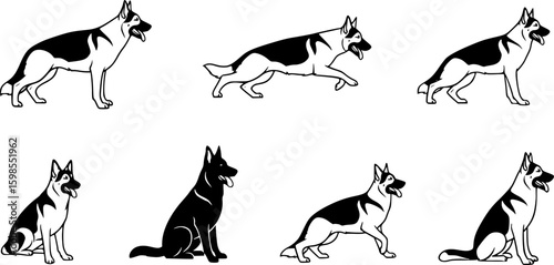 German shepherd dog breed black silhouette logo set
