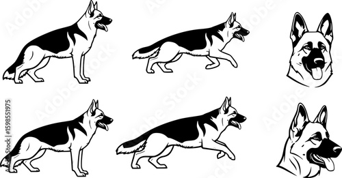 German shepherd dog breed black silhouette logo set
