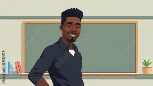 Smiling young male teacher standing near chalkboard in classroom, concept of learning and preparing for lesson, cartoon vector style