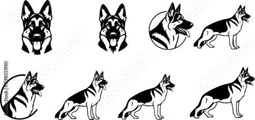 German shepherd dog breed black silhouette logo set
