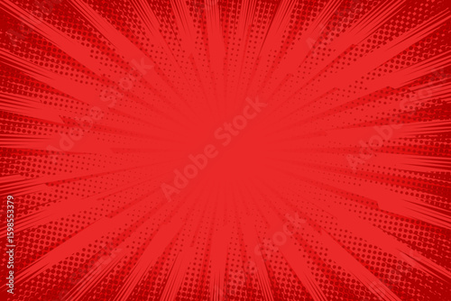 Red comic background. Art pop cartoon book. Halftone dot effect pattern. Sale banner. Anime texture. Sunburst manga style bg. Superhero popart. Gradient color. Abstract super hero. Vector illustration