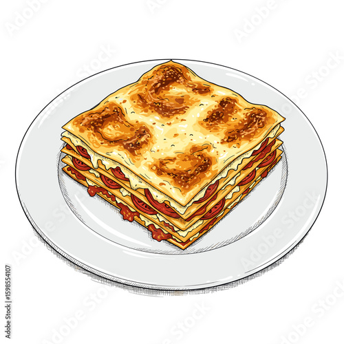 Layered lasagna on a white plate in a casual dining style  