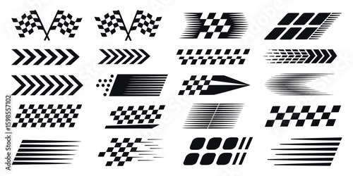 Racing Cars and Stripe Set with Checkered Flags, Finish Line Graphics, Dynamic Lines, Motorsport Elements, Automotive Competition Themes, and Motocross Labels for Speed-Inspired Designs

