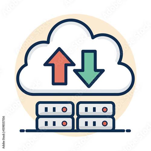 Cloud with upload download arrows and servers icon