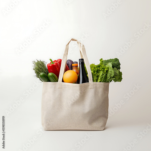 Bag full of fresh vegetables and white background. Copy space