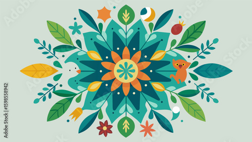 A mandala composed of natureinspired elements such as leaves flowers and animals designed to help quiet the mind and increase attention span.. Vector illustration