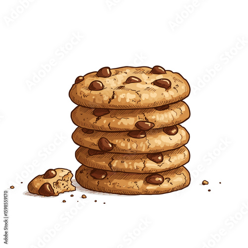 Stack of chocolate chip cookies on white background  