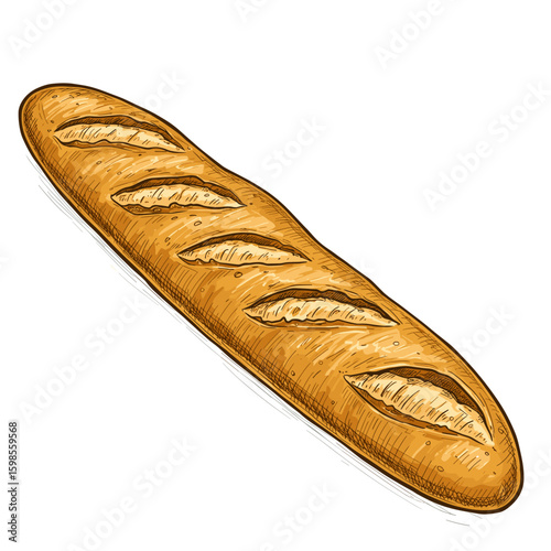 Freshly baked baguette with score marks on white background  