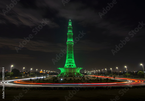 Minar-e-Pakistan Monument Illuminated in Green at Night | Landmark Tower with Traffic Light Trails for Pakistan Independence Day Celebrations and National Heritage Tourism