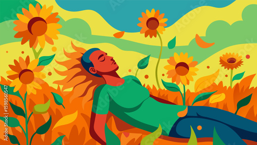 A colorful watercolor piece portraying a person lying in a field of sunflowers the warm and vibrant hues reflecting the persons improved mood and. Vector illustration