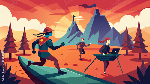 A historical battlefield with soldiers and orn landscapes the runner experiencing the chaos and adrenaline of a past time period while on the VR. Vector illustration