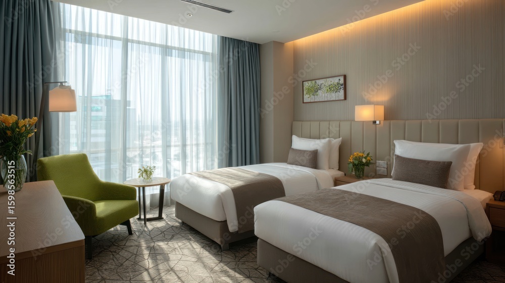 Fototapeta premium Twin beds in a modern hotel room with a view.