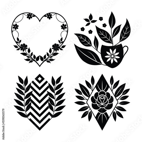 Vector art of a compilation of four black silhouette designs featuring a floral