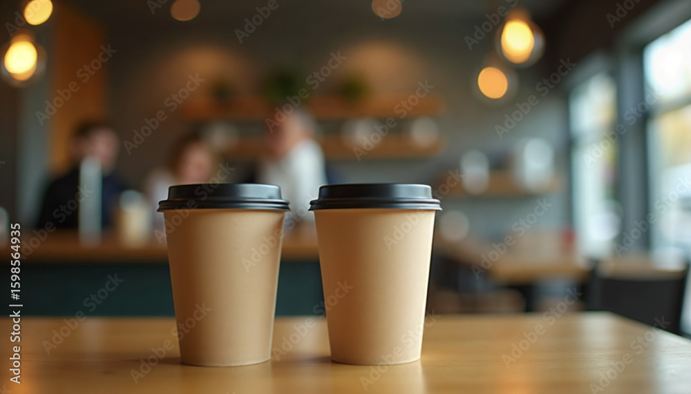 Two paper coffee cups representing a coffee break against a blurred cafe background with copy space Two paper coffee cups representing a coffee break against a blurred cafe background with copy space
