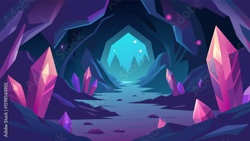 A cave filled with glowing crystals and calming sounds providing a serene retreat from the digital world.. Vector illustration