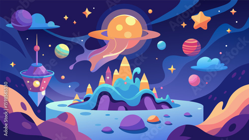 A dreamy celestial realm filled with sparkling stars and mystical creatures allowing the artist to escape into a world of imagination.. Vector illustration