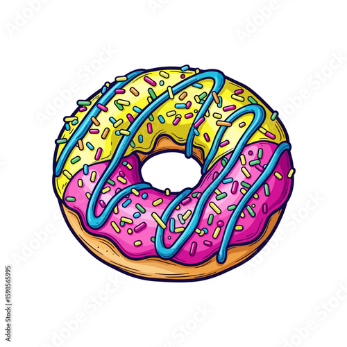 Colorful donut with sprinkles and icing on white background  